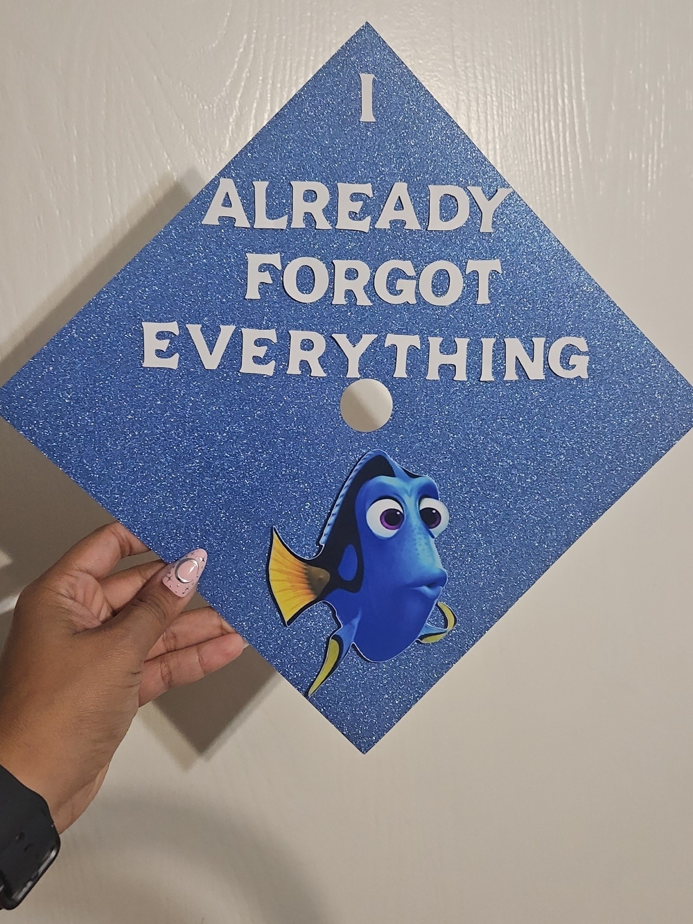 Blue Glitter Graduation Cap Topper with Dory Graphic